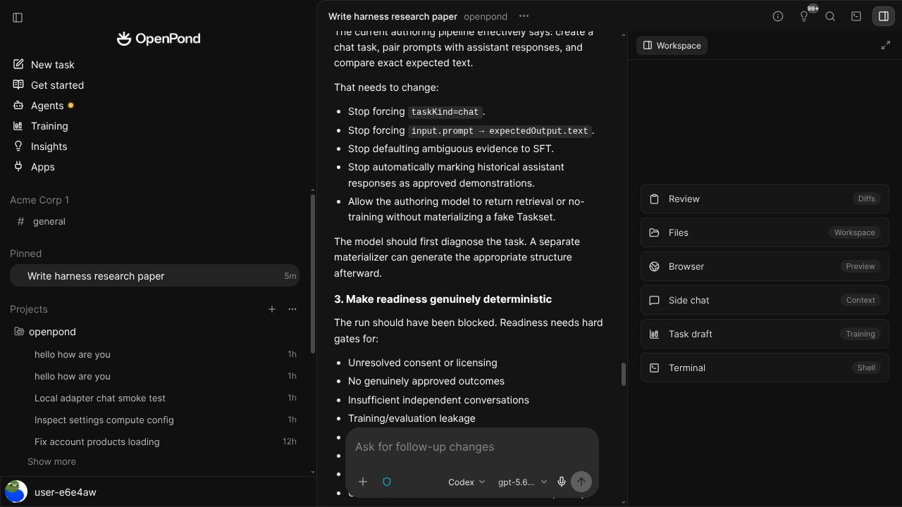 The OpenPond app surface where work, source, and review come together.